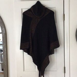 Black Poncho with Metallic Trim with fringe detail and cowl neck